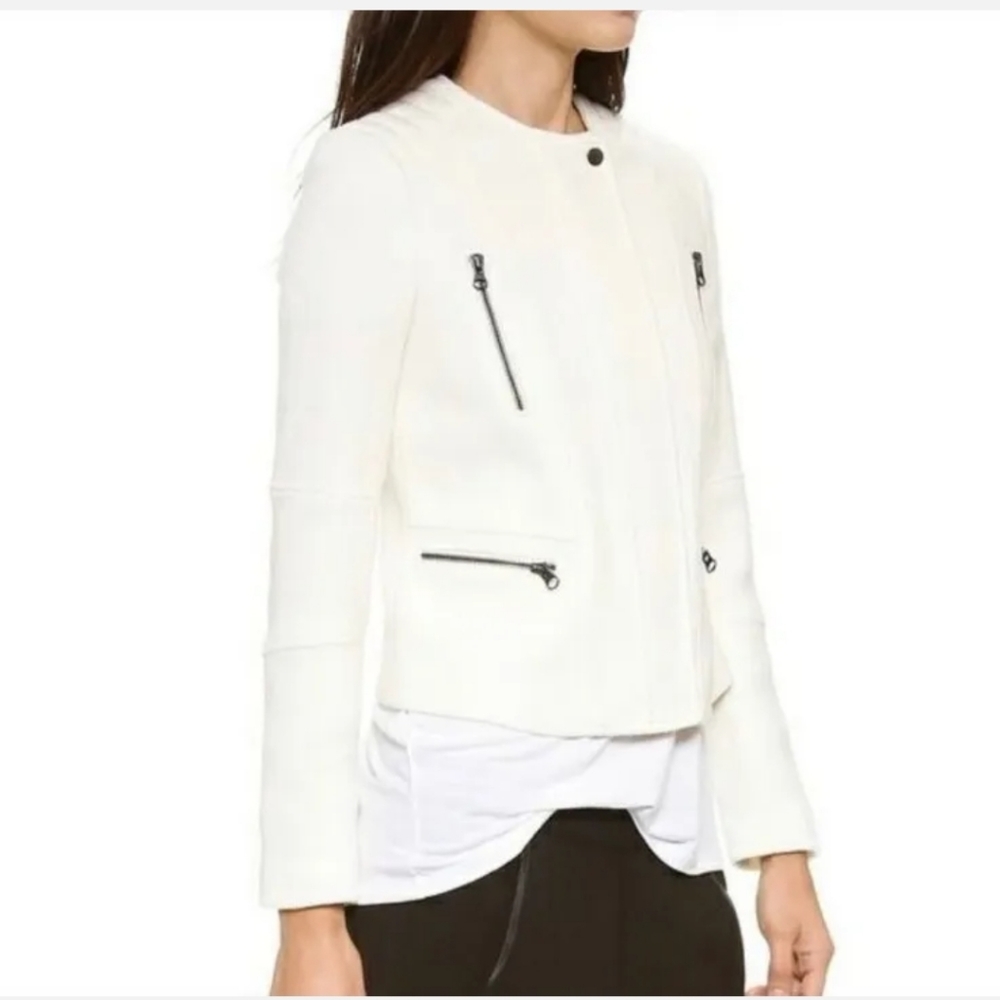 VINCE Zipper Boucle Moto Jacket $575 Sz 0 Cream Stretch Wool Blend